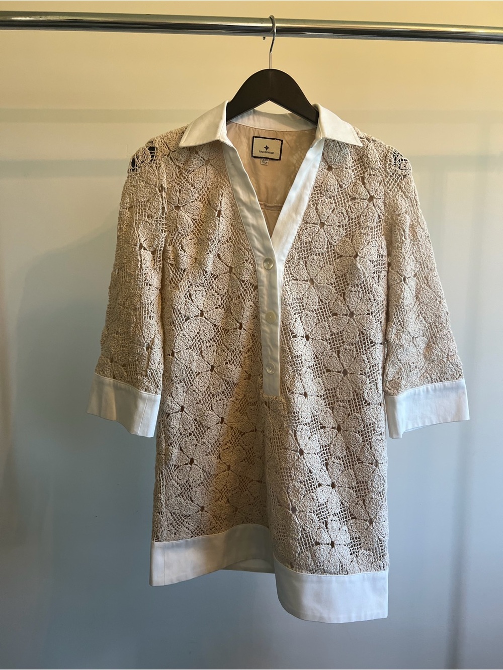 Tuckernuck Cream Crochet Tunic with White Trim - Picture 2 of 3